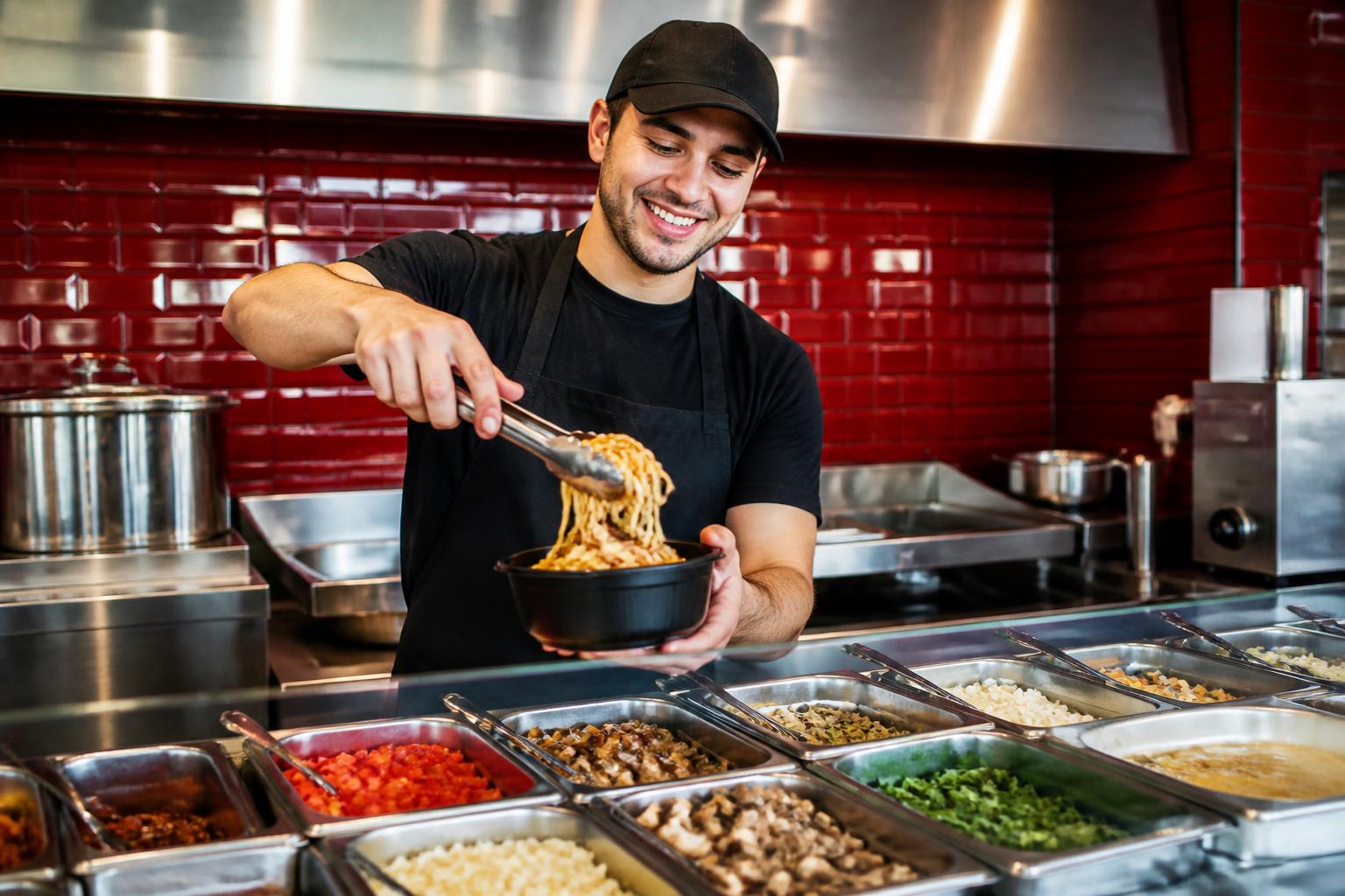 A Matteos team member serving pasta at the build line