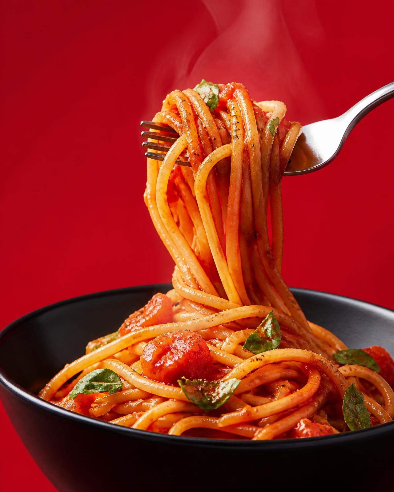 Spaghetti in marinara twirled on a fork above a black bowl