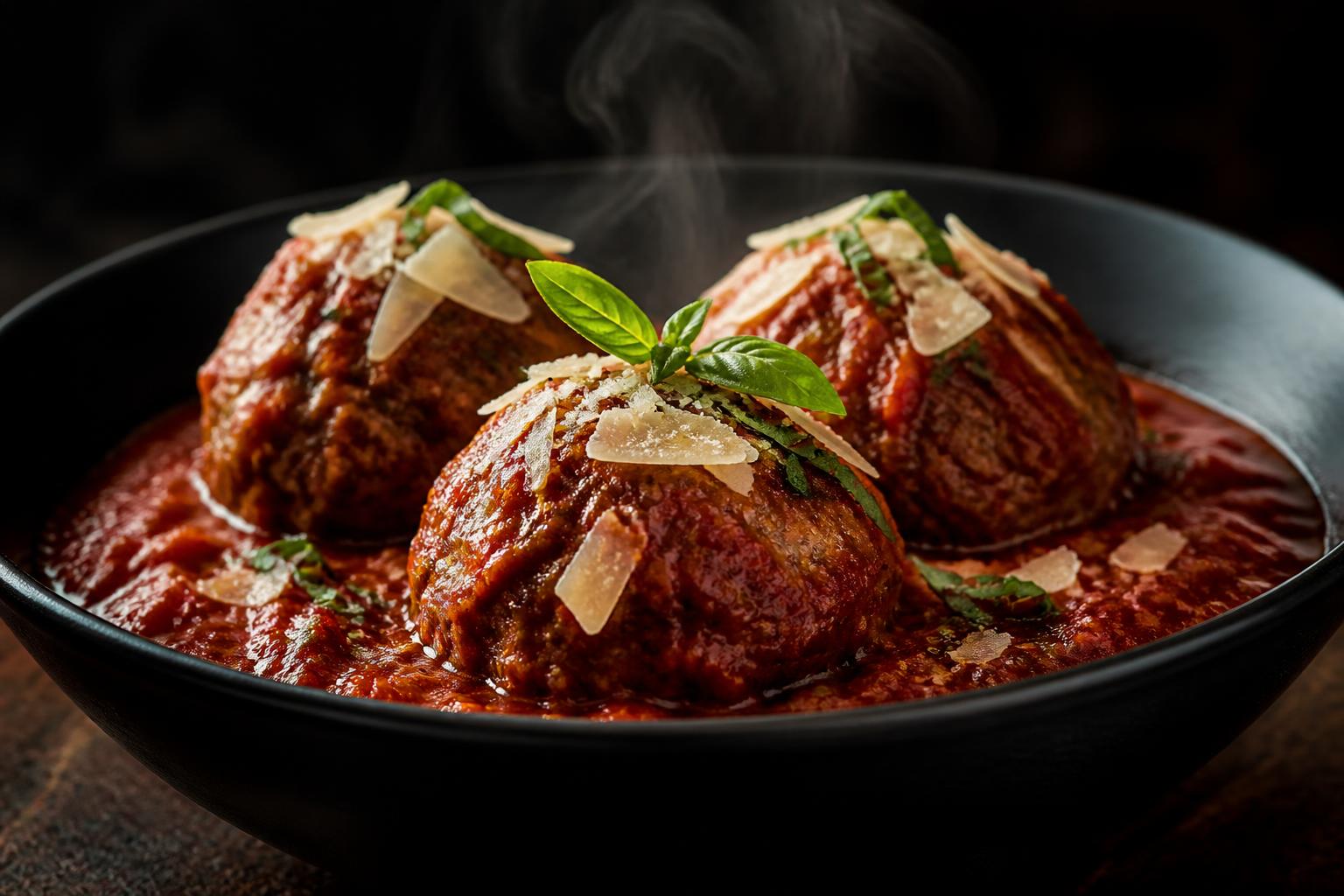 Three hand-rolled meatballs in marinara with shaved parmesan