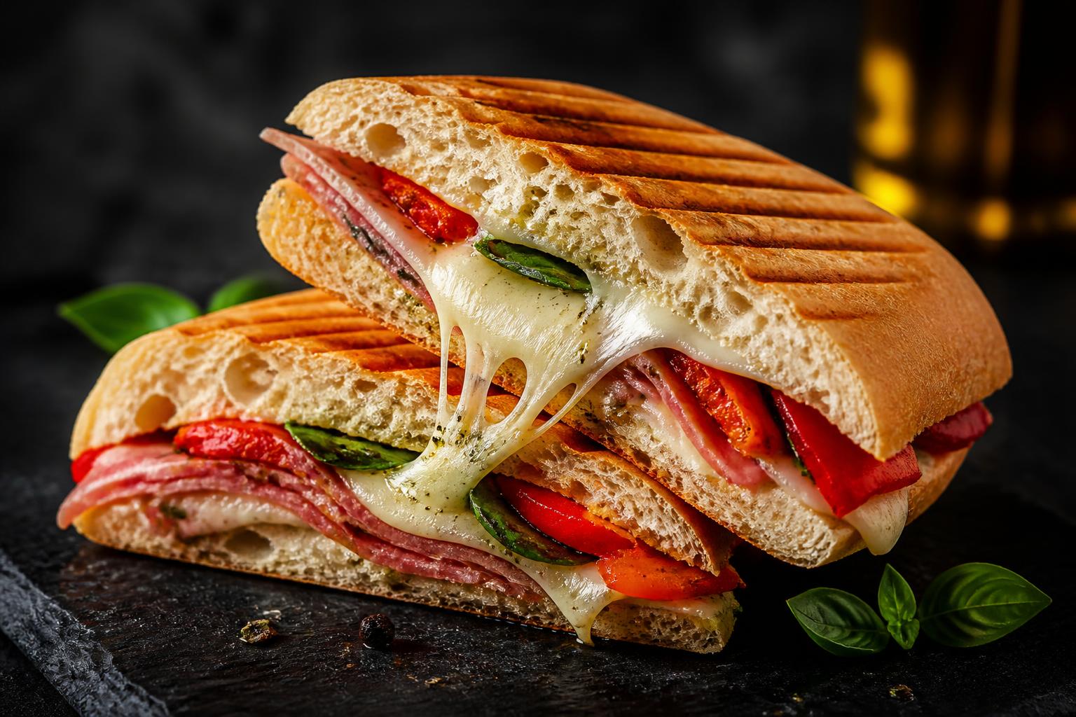 Pressed Italian panini with melted cheese